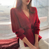 Wenkouban 2022 Autumn  Winter Elegant Lace Up Knitted Sweaters Ladies Solid Tops Long Sleeve Split Sweater Women Pullovers Female