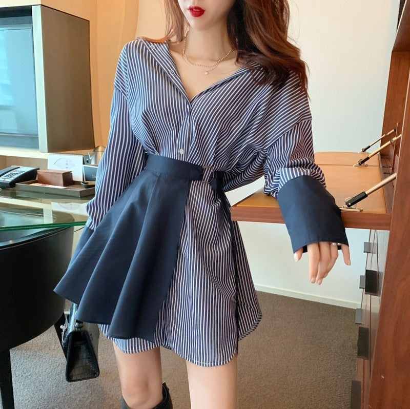Wenkouban 2022 Spring  Summer  Fashion Women Korean Version Of The Retro Lace Dress + Stitching Stripe Shirt  2-Piece Sets