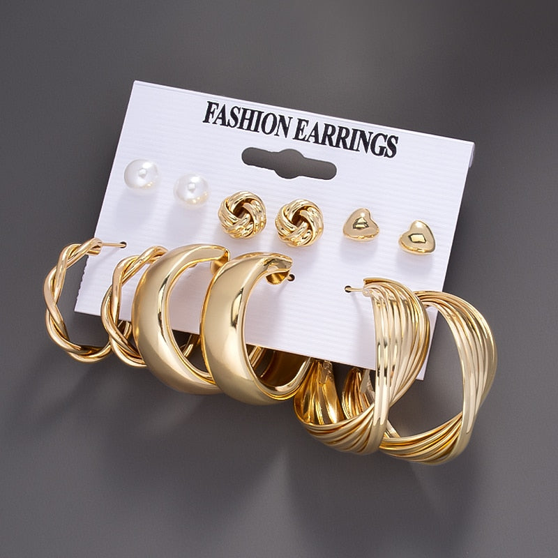 Wenkouban Boho Women's Earrings Vintage Punk Gold Color Metal Acrylic Big Circle Pearls Hoop Earring Set for Woman Girl Trend Jewelry 2022