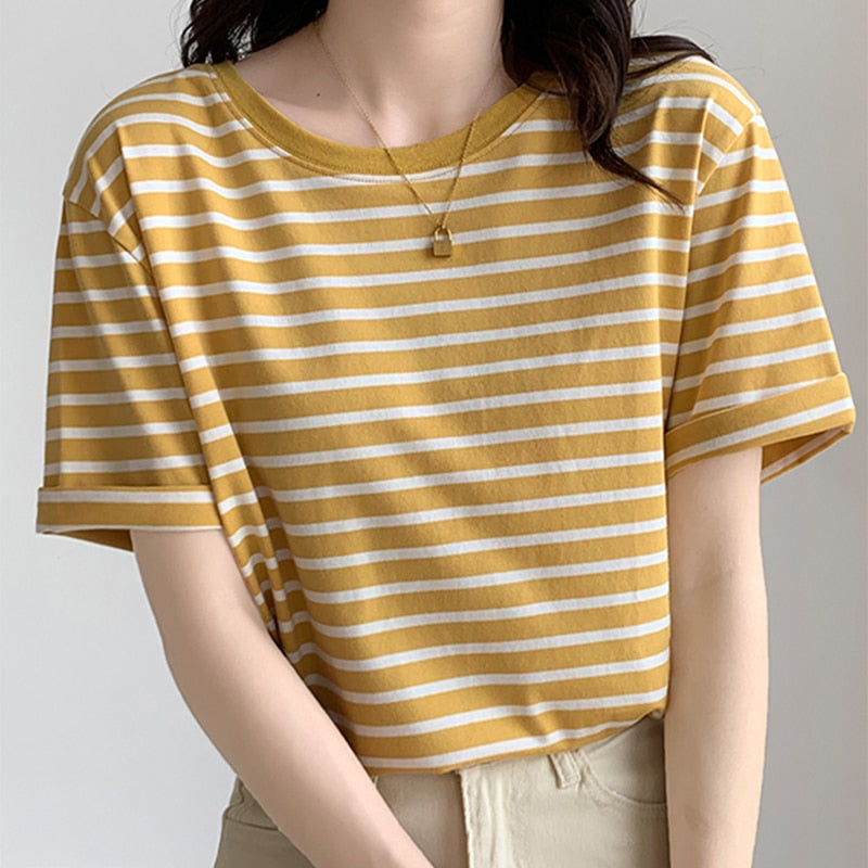 Wenkouban Summer New Striped T Shirt Women Fashion Korean Loose Tshirt Top O Neck Casual Basic Tee Shirt Female Short Sleeve Tee T-Shirt