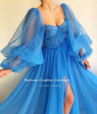Wenkouban Simple Blue Prom Dresses Long Puff Sleeves Exposed Boning Illusion Evening Dresses High Slit Tulle A-Line Formal Gowns