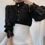 Graduation Gifts  Korean Chic Lace Blouse Women White Patchwork Shirt Button Hollow Out Tops Flower Stand Collar Blusas Petal Sleeve Blouses 12419