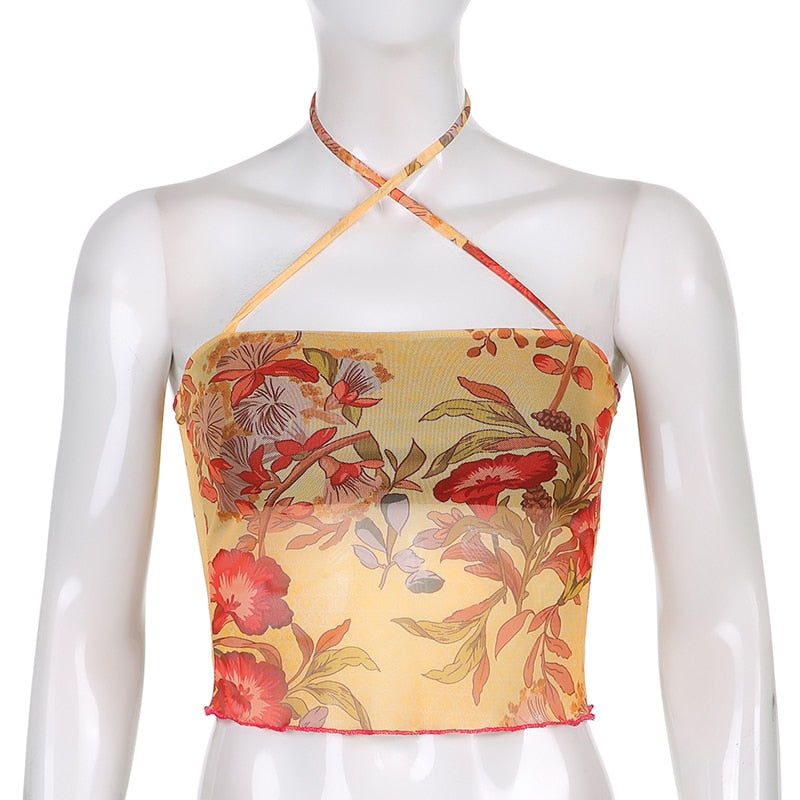 Wenkouban Ladies Summer Sexy Midriff-Baring Camisole Women Floral Printing Stringy Selvedge Hem Hanging Neck Sleeveless Mesh Tops