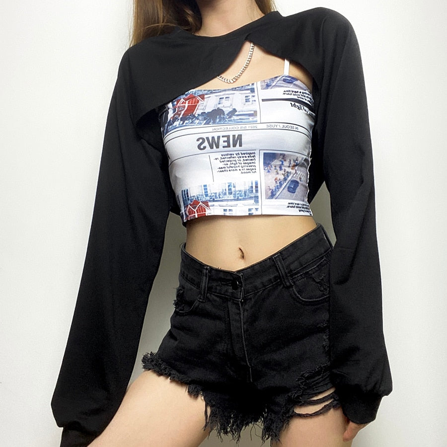 Gothic hollow tshirt 2 pieces crop top summer black Punk bandage tassel top high streetwear party top cotton tees female