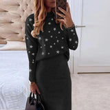 Women Skirt 2 Pieces Set Autumn Winter Casual Turtleneck Long Sleeve Loose Print Pullovers Slim Pencil Skirts Office Lady Suits