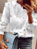 Graduation Gifts  Oversize Work Wear Fashion Lady White Tee Shirts 2022 Summer Tops Plus Size Butterfly Print V-Neck Long Sleeves Casual Blouse