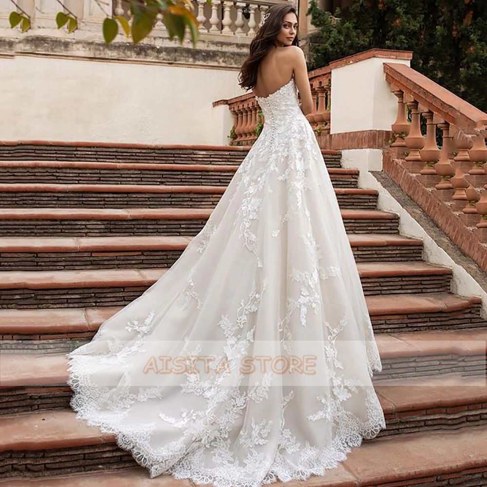 Luxury A Line Wedding Dresses 2022 Elegant Strapless Lace Appliques Bride Dress Sleeveless Tulle Bridal Gowns Vestidos De Novia