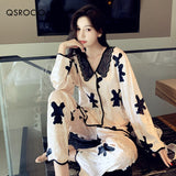 Wenkouban Women's Pajamas Set V Neck Fashion Letters Print Sleepwear Luxury Silk Like Nightwear Casual Homewear Женские пижамы