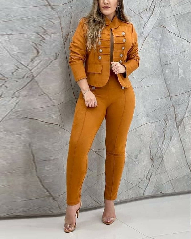 Wenkouban  Casual women's solid color double breasted suit pants set