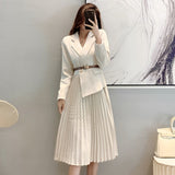 Wenkouban 2022 Autumn Korean Fashion OL Long Sleeve Midi Suit Dress Women Fake Two-Piece Slim Pleated Long Casual  Dress