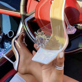 Wenkouban PVC Transparent Crystal Sun Flowers Buckle Womens Slippers Summer Square Toe Ladies Strange High Heels Sandals Shoes