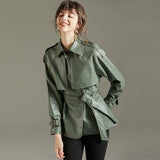 Wenkouban  2022 Spring Autumn Lapel Faux Leather Jacket Women Green PU Coat Simplicity Loose Jackets Office Lady Outwear With Belt