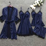 Wenkouban Sexy Women Pajamas Sets Satin Sleepwear Silk 4 Pieces Nightwear Pyjama Spaghetti Strap Lace Sleep Lounge Pijama With Chest Pads