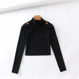 Wenkouban Fashion Trend Solid Color Fake Two-piece Skinny Stretch T-shirt Streetwear Half High Neck Long Sleeve Sexy Tops