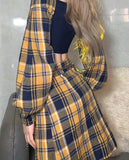 Wenkouban Youth Stitching Contrast Color Plaid Beautiful Wild One-Line Collar Long-Sleeved Short Top With A-Line Skirt 2 Two-Piece