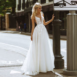 Boho Wedding Dresses 2022 Deep V-Neck Appliques Lace Pearls Butons Back A-Line Tulle Formal Gown Beach Simple Bridal Dress