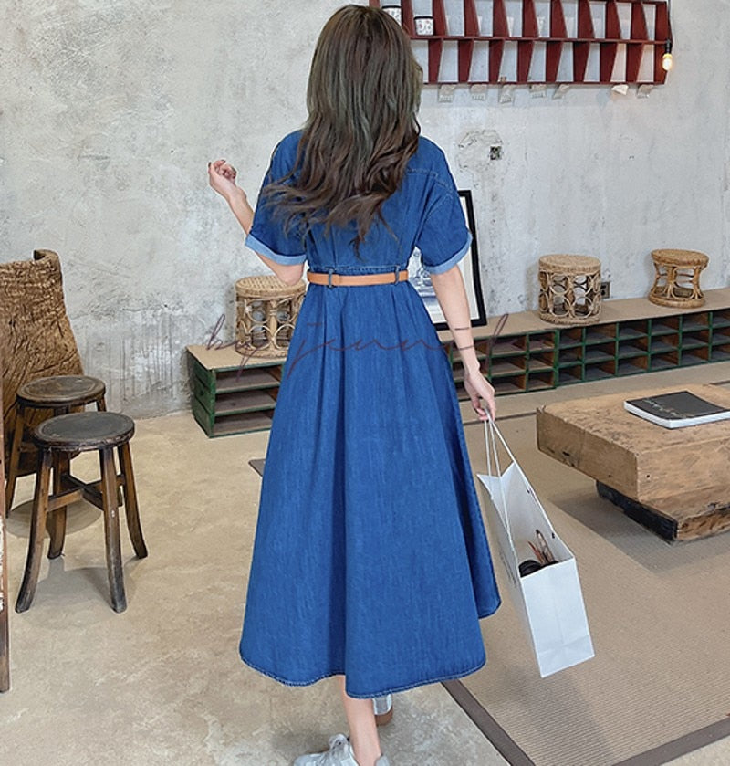 Wenkouban 2022  Summer Denim Dress Women  Korea Elegant Casual Short Sleeve Cowboy Dress  Vestido