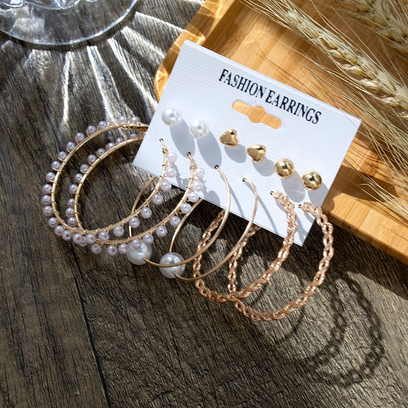 Wenkouban 6/9 Pairs Big Hoop Pearl Earring Set Fashion Gold Metal Earing Butterfly Circle Geometric Vintage Earring for Women Jewelry 2022