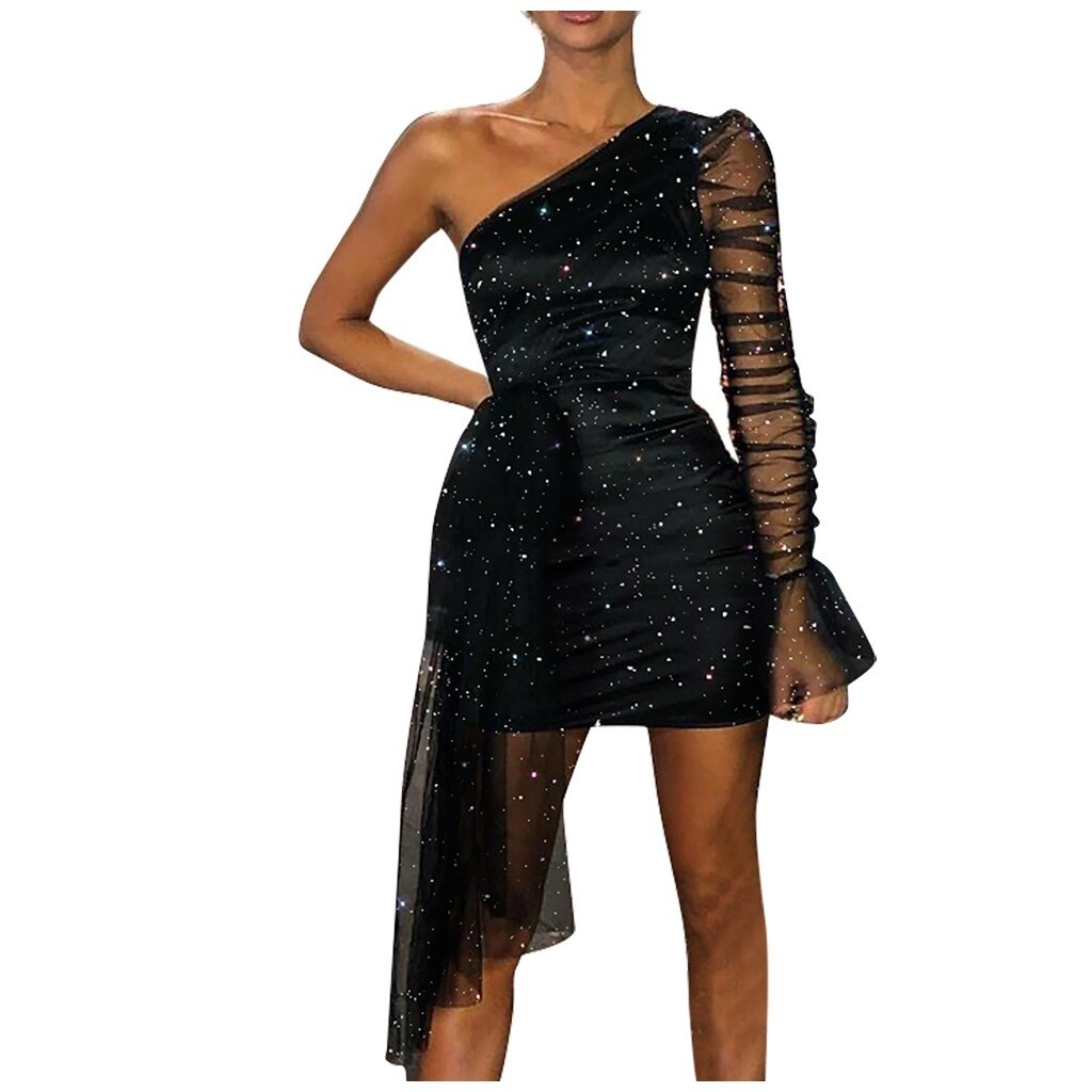Wenkouban 2023 New Slim Black Dress Fashion Women Party Dress Ladies Casual Shoulder Long Sleeve Tight Club Mini Dress