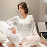 New Women's Pajamas Set Vintage V Neck Lace Sleepwear Silk Like Nightie Leisure Home Clothes Nightwear Pyjamas Femme