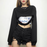 Gothic hollow tshirt 2 pieces crop top summer black Punk bandage tassel top high streetwear party top cotton tees female