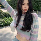 Wenkouban 2022 Women Turtleneck Sweater Pink And Purple Striped Hole Cropped Pullover Sweaters Fashion Batwing Sleeve Knitwear Clothing