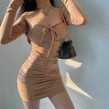 Wenkouban Sexy Tight Thin One Shoulder Strapless Lace Up Pleated Buttocks Long Sleeve Dress Short Hot Fashion Korean Tops F9DO