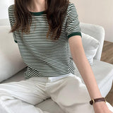 Wenkouban Striped Vintage Short Sleeve T Shirt Women 2022 Summer Korean Fashion T-Shir Soft Tops Tshirts Casual O Neck Tee Shirt Female