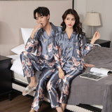 Wenkouban Women&Men Pajamas Set Print Crane Two Piece Set Lovers Satin Sleepwear Loose Shirt&Pants Couple Nightwear Lounge Wear Lingerie