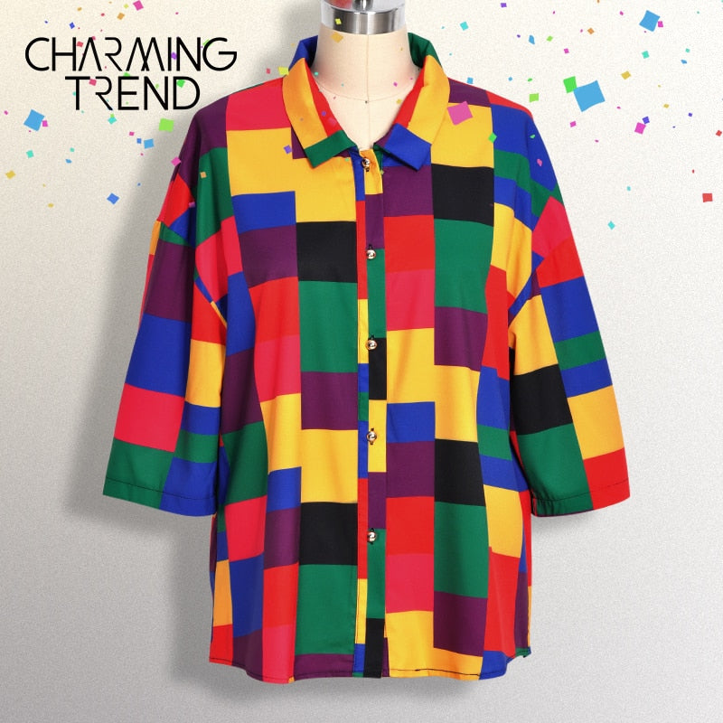 Womens Blouse Top Geometric patterns Colorful Harajuku Preppy Young Girls Vintage Shirt Streewear Summer Women Loose Clothes