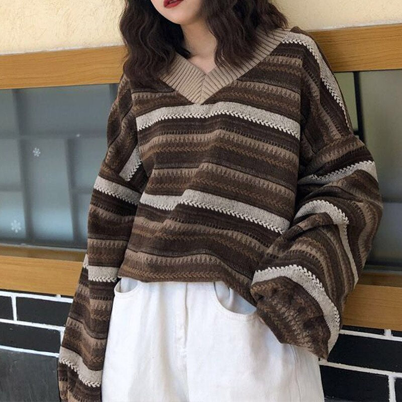 Wenkouban Knitted Sweaters Women Oversized V Neck Striped Pullover Vintage Sweater Autumn Winter Retro Warm Jumper Harajuku Loose Sweater
