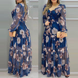 Wenkouban  2023  Summer Floral Print V-Neck Chiffon Maxi Dress Casual Loose Long Sleeve Lantern Sleeve Beach Wear Style Dress