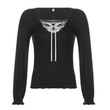 Long Sleeve T-Shirt Black Top Women Patchwork Lace Crop Top Winter Spring Women Pulovers Sexy Skinny V Neck Tees 90s Y2K Clothes
