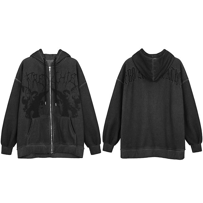 Men Hip Hop Streetwear Hooded Jacket Angel Dark Print Jacket Coat Harajuku Cotton Fleece Autumn Winter Jacket Outwear Zipper