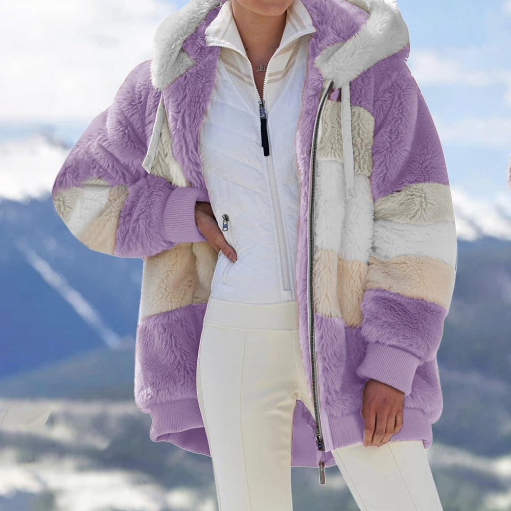 Wenkouban Winter women jacket fashion Plush patchwork zipper pocket winter Hooded jacket retro loose Long Sleeve Plus Size Women Top Coat