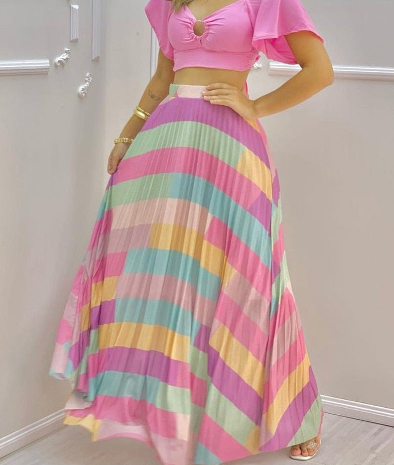 Wenkouban  Women Solid Color V-Neck Short Sleeve Top & Colorful Maxi Skirt 2 Piece Sets