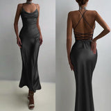 Women Sexy Spaghetti Strap Long Dress 2022 Summer Elegant Satin Party Maxi Sundress Fashion Hollow Backless Club Vestidos