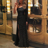 One Shoulder Evening Dresses 2022 Black Sequins Mermaid Long Sleeves Formal Dresses Abiye Gece Elbisesi Side Slit Robe De Soiree