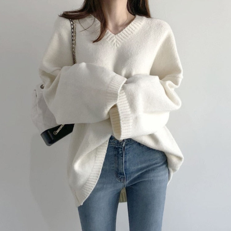 Wenkouban Autumn Winter V Neck White Sweater Women Oversize Pullover Ladies Elegant Loose Knitwear Top Casual Knitted Sweater Sueter Mujer