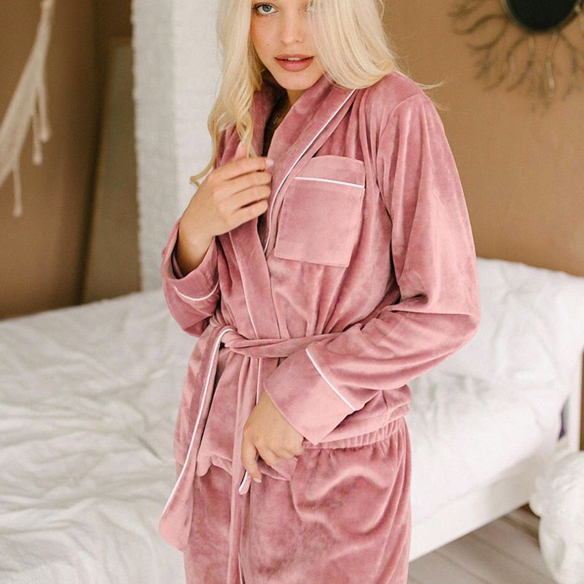 Wenkouban Velvet Warm Pajamas For Women Bathrobe Female Set Solid Pocket Long Sleeves Nightgowns Women Clothing Sleepwear Casual Robe Sets