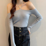 Wenkouban Harteen Slim Without Shoulder Crop Sweater Long Sleeve Top Female Chic Knitted Short Tops Soild All-Match Girl Halter Sweaters