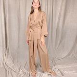 Wenkouban Solid Color Sleepwear Loose Flare Home Pants Three Quarter Sleeve Satin Robe Sets Bathrobe For Women Pajama Fashion Spring 2022