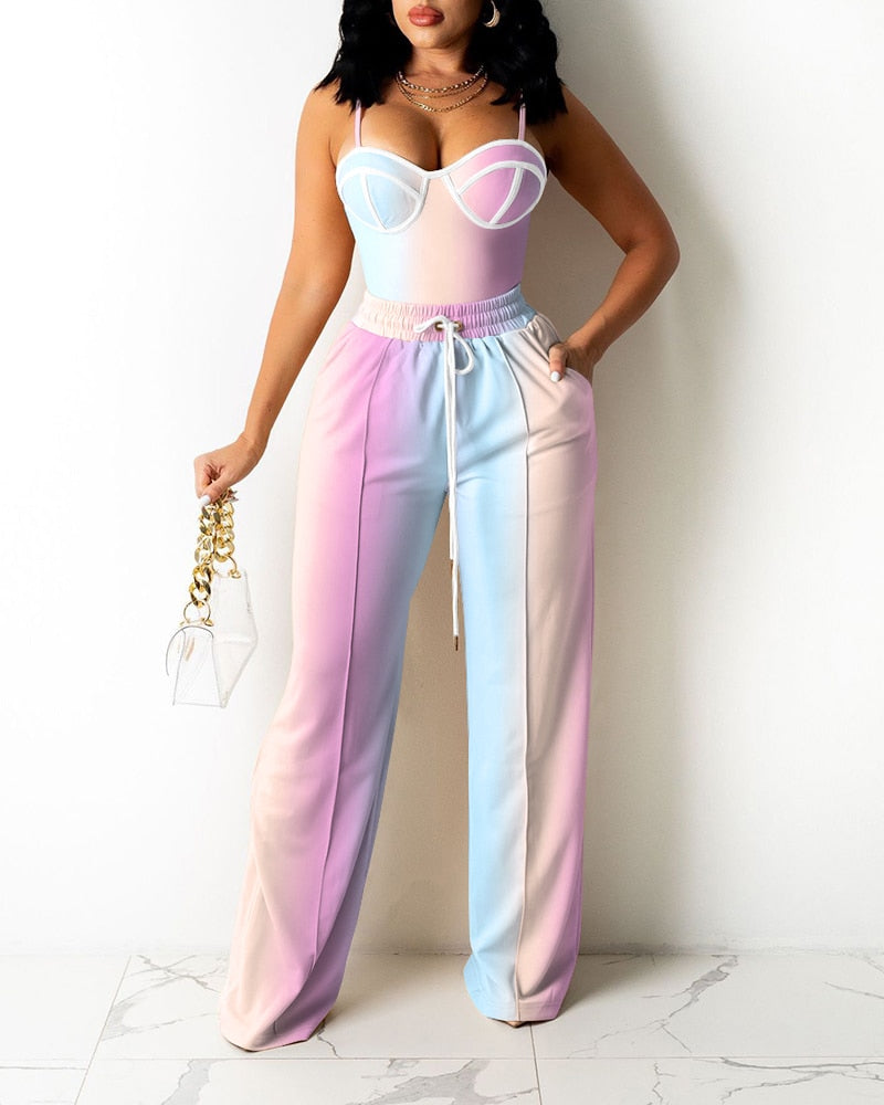 Wenkouban 2023 Pre-fall Women Colorblock Zipper Back Cami Top & Wide Legs Contrast Pipping Pants Set Summer Two Piece Suits Outfits