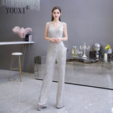 Black Sequin Jumpsuit Evening Dress 2022 New Arrival Sexy V-Neck Backless Formal Party Pant