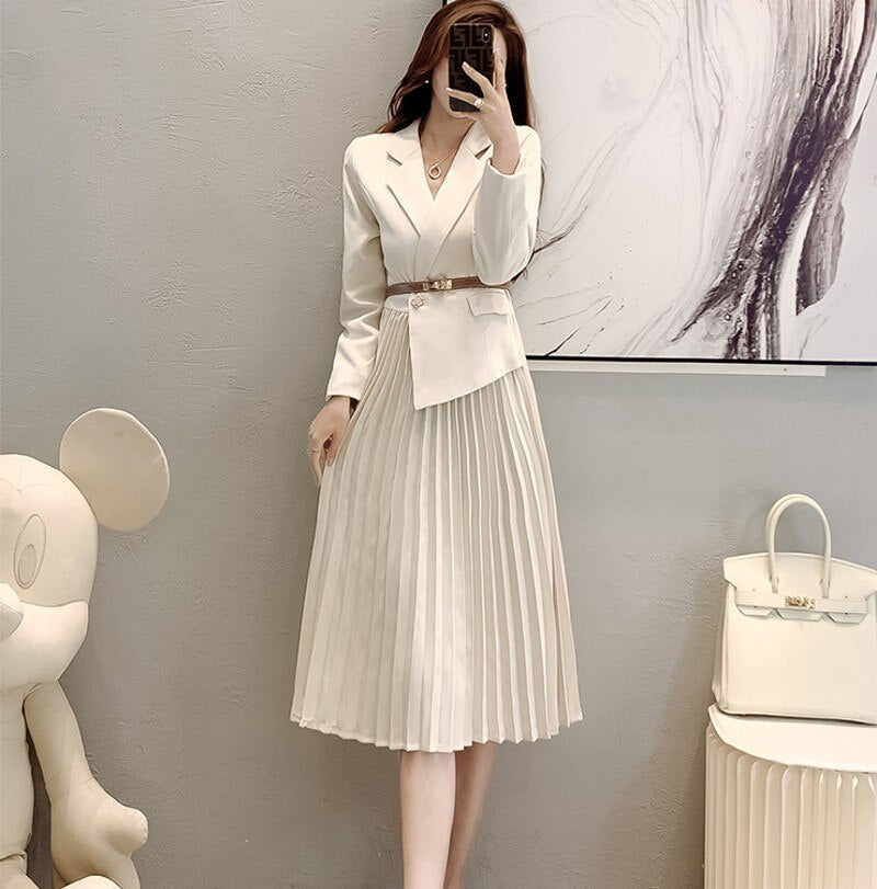 Wenkouban 2022 Autumn Korean Fashion OL Long Sleeve Midi Suit Dress Women Fake Two-Piece Slim Pleated Long Casual  Dress