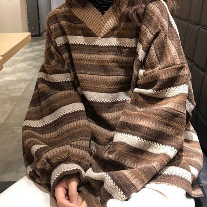 Wenkouban Knitted Sweaters Women Oversized V Neck Striped Pullover Vintage Sweater Autumn Winter Retro Warm Jumper Harajuku Loose Sweater