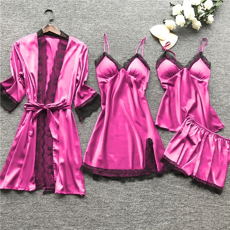 4 Pieces 2021 Women Pajamas Sets Satin Sleepwear Silk Nightwear Pyjama Soild Strap Lace Sleep Lounge Pijama With Chest Pads