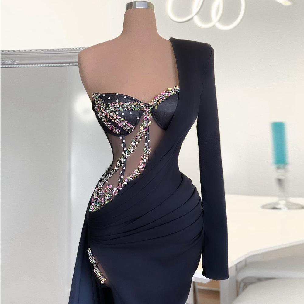 Real Image Sexy One Shoulder Navy Blue Mermaid Evening Dresses Long Sleeves Crystals Pageant Dress High Slit Simple Prom Gowns