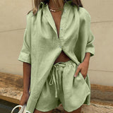 Wenkouban Casual Womem Yellow Lounge Wear Summer Tracksuit Shorts Set Long Sleeve Shirt Tops And Mini Shorts Suit 2023 New Two Piece Set