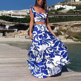 WENKOUBAN 2022 summer new fashion matching suit printed bohemian sexy beach skirt suit 2-piece suit women's short top + high waist long sk